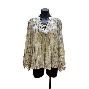 Jade by johnny Was Sequin-Striped Long-Sleeve Blouse w/Tassel Tie Neckline